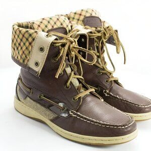 Sperry Brown Leather Tweed & Plaid Flannel Check Tall Loafers Booties Boots 7